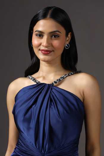 Shop_Pooja Peshoria_Blue Satin Crystals Halter Neck Hand Embroidered Straps Draped Gown _Online_at_Aza_Fashions