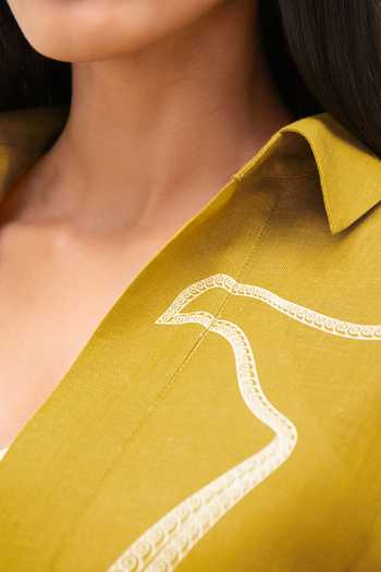 Shop_Ampm_Green Linen Collared Neck Ardea Shirt Set 