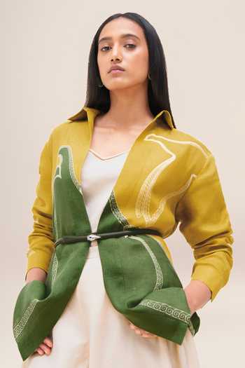 Ampm_Green Linen Collared Neck Ardea Shirt Set _Online