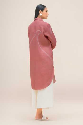 Shop_Ampm_Pink Linen Collared Neck, Yes Yuhina Kurta And Palazzo Set _at_Aza_Fashions