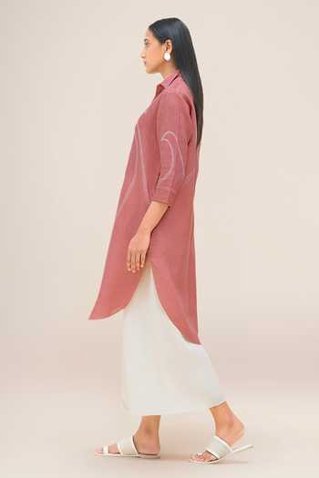 Ampm_Pink Linen Collared Neck, Yes Yuhina Kurta And Palazzo Set _Online_at_Aza_Fashions