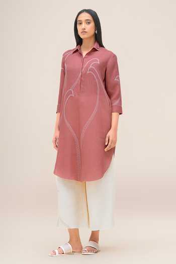 Buy_Ampm_Pink Linen Collared Neck, Yes Yuhina Kurta And Palazzo Set _Online_at_Aza_Fashions