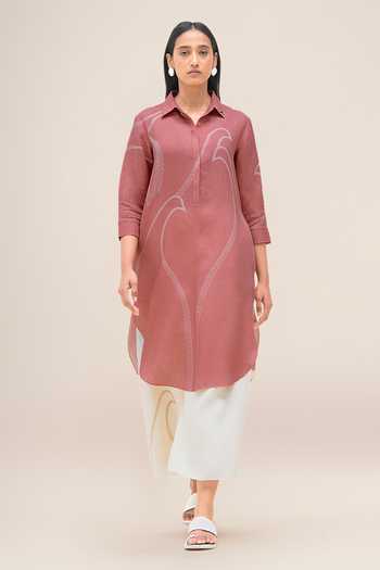 Shop_Ampm_Pink Linen Collared Neck, Yes Yuhina Kurta And Palazzo Set _Online_at_Aza_Fashions