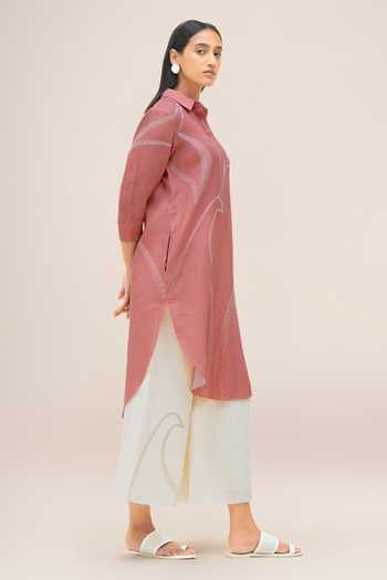 Ampm_Pink Linen Collared Neck, Yes Yuhina Kurta And Palazzo Set _at_Aza_Fashions