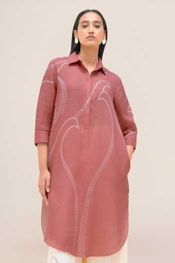 Shop_Ampm_Pink Linen Collared Neck, Yes Yuhina Kurta And Palazzo Set 