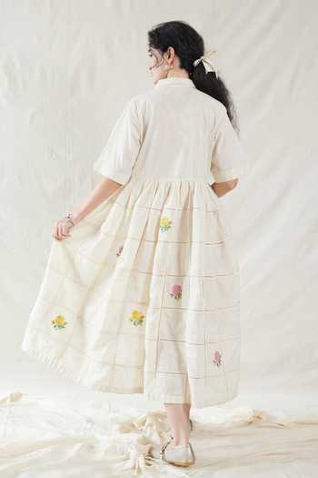 Shop_Dhaari_Off White Silk, Cotton Collared Handwoven Dress _at_Aza_Fashions