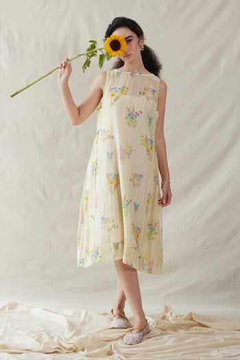 Buy_Dhaari_Off White Silk, Cotton Round Neck Handwoven Dress And Slip Set _at_Aza_Fashions
