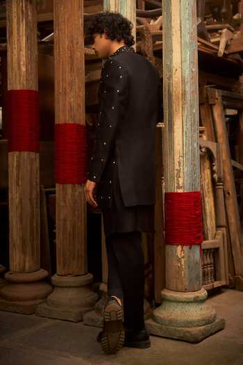Shop_Hirika & Dhruti_Black Silk, Chanderi Embroidery Jacket And Kurta Set _at_Aza_Fashions