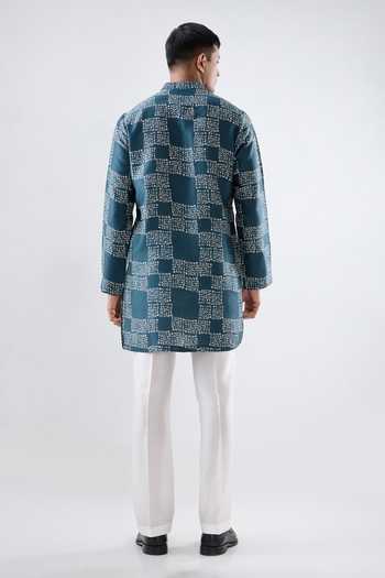 Shop_Raw & Rustic By Niti Bothra_Teal Silk, Tencel Geometric Bandhani Pattern Kurta _at_Aza_Fashions