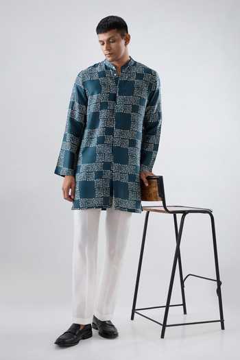 Buy_Raw & Rustic By Niti Bothra_Teal Silk, Tencel Geometric Bandhani Pattern Kurta _Online_at_Aza_Fashions