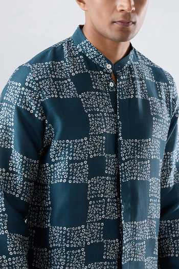 Shop_Raw & Rustic By Niti Bothra_Teal Silk, Tencel Geometric Bandhani Pattern Kurta _Online_at_Aza_Fashions