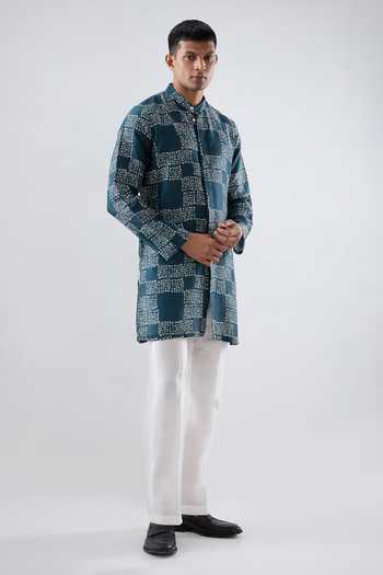 Raw & Rustic By Niti Bothra_Teal Silk, Tencel Geometric Bandhani Pattern Kurta _at_Aza_Fashions
