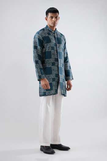 Buy_Raw & Rustic By Niti Bothra_Teal Silk, Tencel Geometric Bandhani Pattern Kurta 