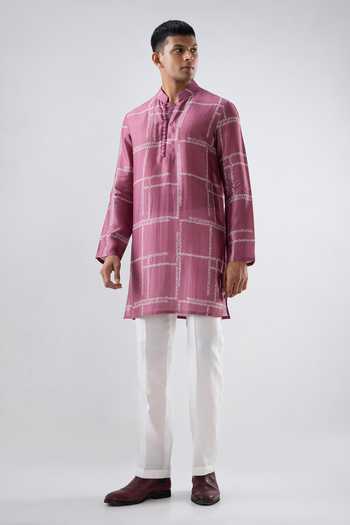 Buy_Raw & Rustic By Niti Bothra_Burgundy Silk, Tencel Geometric Bandhani Kurta _Online_at_Aza_Fashions