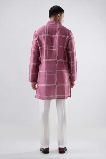 Shop_Raw & Rustic By Niti Bothra_Burgundy Silk, Tencel Geometric Bandhani Kurta _at_Aza_Fashions