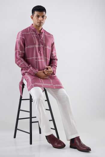 Shop_Raw & Rustic By Niti Bothra_Burgundy Silk, Tencel Geometric Bandhani Kurta _Online_at_Aza_Fashions