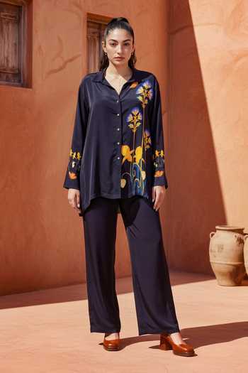 Buy_Nautanky_Blue Crepe Collared Wonderland Floral Print Shirt And Pant Set _at_Aza_Fashions