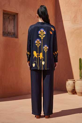 Shop_Nautanky_Blue Crepe Collared Wonderland Floral Print Shirt And Pant Set _at_Aza_Fashions
