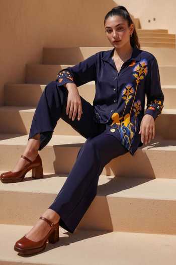 Nautanky_Blue Crepe Collared Wonderland Floral Print Shirt And Pant Set _Online