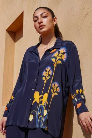 Shop_Nautanky_Blue Crepe Collared Wonderland Floral Print Shirt And Pant Set _Online