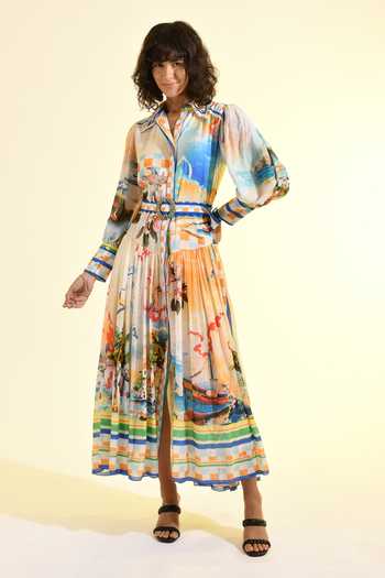 Buy_Bhanuni By Jyoti_Multi Color Viscose Collared Coastal Print Shirt Dress _at_Aza_Fashions