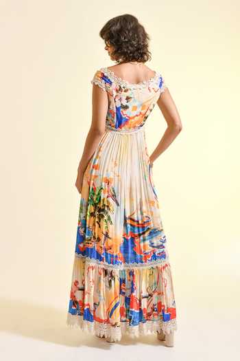 Shop_Bhanuni By Jyoti_Multi Color Viscose Boat Neck, Off-shoulder Coastal Print Maxi Dress _at_Aza_Fashions