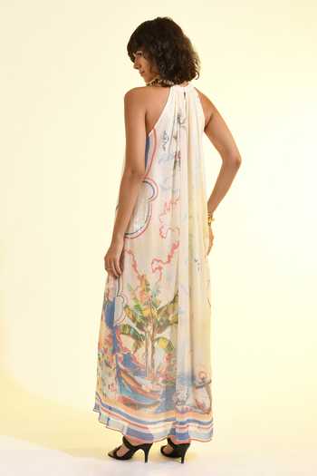 Shop_Bhanuni By Jyoti_Multi Color Viscose Halter Neck Coastal Print Maxi Dress _at_Aza_Fashions