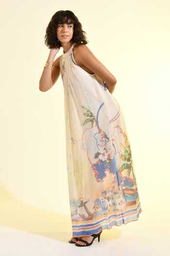 Shop_Bhanuni By Jyoti_Multi Color Viscose Halter Neck Coastal Print Maxi Dress _Online_at_Aza_Fashions