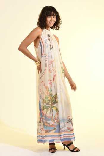 Bhanuni By Jyoti_Multi Color Viscose Halter Neck Coastal Print Maxi Dress _at_Aza_Fashions