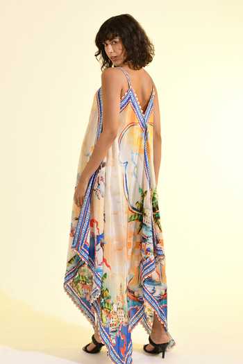 Shop_Bhanuni By Jyoti_Multi Color Viscose V-neck Coastal Print Handkerchief Maxi Dress _at_Aza_Fashions