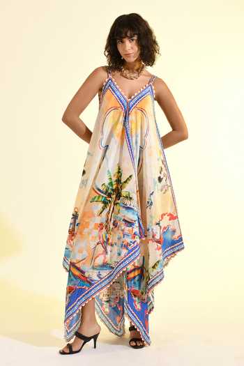 Buy_Bhanuni By Jyoti_Multi Color Viscose V-neck Coastal Print Handkerchief Maxi Dress _at_Aza_Fashions