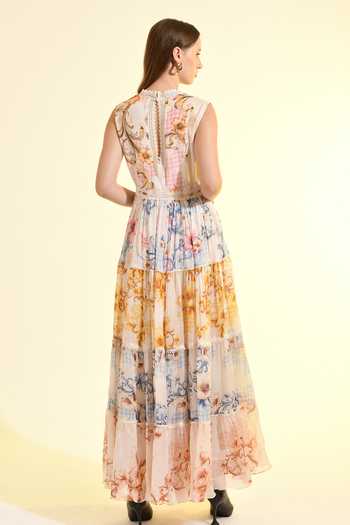 Shop_Bhanuni By Jyoti_Multi Color Viscose V-neck Aether Printed Maxi Dress _at_Aza_Fashions