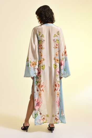 Shop_Bhanuni By Jyoti_Blue Viscose Keyhole Neck Aether Floral Print Kaftan _at_Aza_Fashions