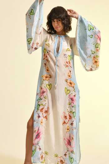 Bhanuni By Jyoti_Blue Viscose Keyhole Neck Aether Floral Print Kaftan _Online_at_Aza_Fashions