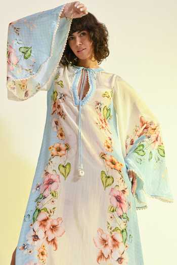 Buy_Bhanuni By Jyoti_Blue Viscose Keyhole Neck Aether Floral Print Kaftan _Online_at_Aza_Fashions