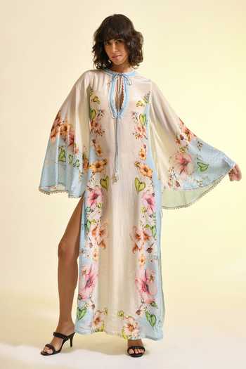 Buy_Bhanuni By Jyoti_Blue Viscose Keyhole Neck Aether Floral Print Kaftan _at_Aza_Fashions