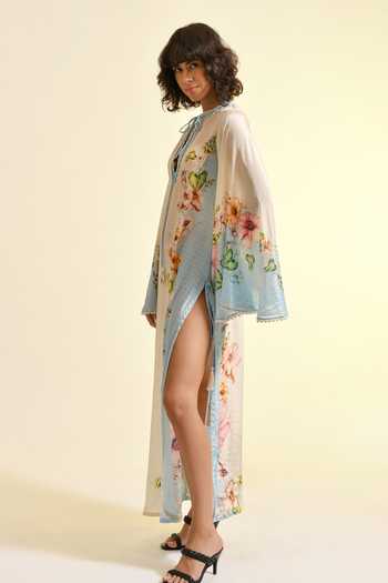 Shop_Bhanuni By Jyoti_Blue Viscose Keyhole Neck Aether Floral Print Kaftan _Online_at_Aza_Fashions