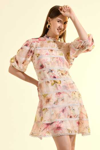 Buy_Bhanuni By Jyoti_Pink Viscose Round Neck Aether Printed Mini Dress _at_Aza_Fashions