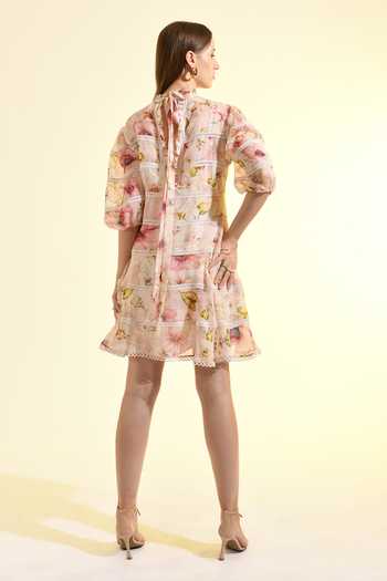 Shop_Bhanuni By Jyoti_Pink Viscose Round Neck Aether Printed Mini Dress _at_Aza_Fashions