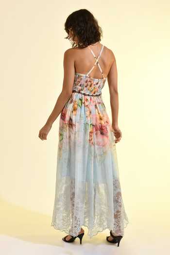 Shop_Bhanuni By Jyoti_Blue Viscose V-neck Aether Pleated Maxi Dress _at_Aza_Fashions