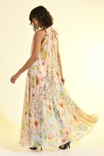 Shop_Bhanuni By Jyoti_Blue Viscose Halter Neck Aether Printed Maxi Dress _at_Aza_Fashions