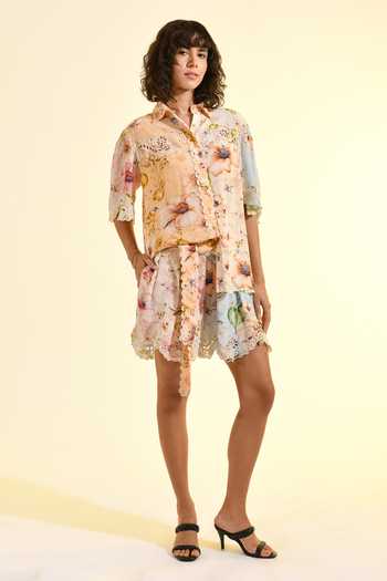 Bhanuni By Jyoti_Blue Viscose Collared Aether Printed Shirt _Online_at_Aza_Fashions