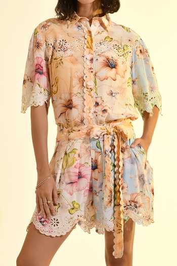 Shop_Bhanuni By Jyoti_Blue Viscose Collared Aether Printed Shirt _Online_at_Aza_Fashions