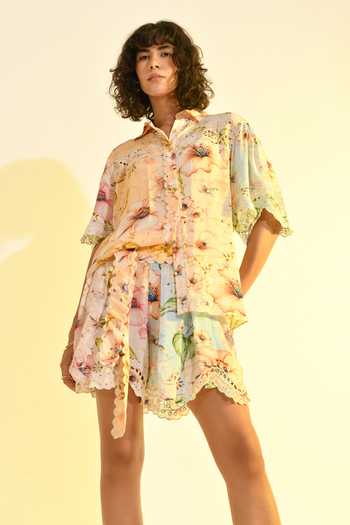 Shop_Bhanuni By Jyoti_Blue Viscose Aether Printed Shorts _Online_at_Aza_Fashions