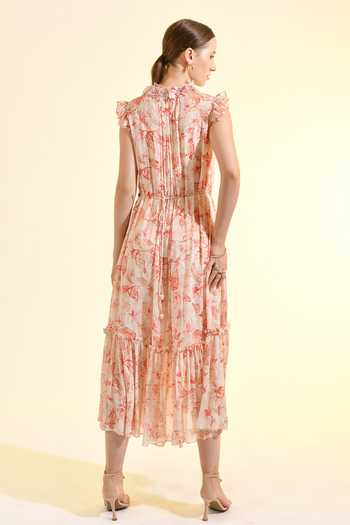 Shop_Bhanuni By Jyoti_Pink Viscose High , Keyhole Floral Print Tiered Blush Dress _at_Aza_Fashions