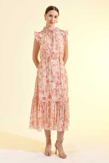 Bhanuni By Jyoti_Pink Viscose High , Keyhole Floral Print Tiered Blush Dress _Online_at_Aza_Fashions