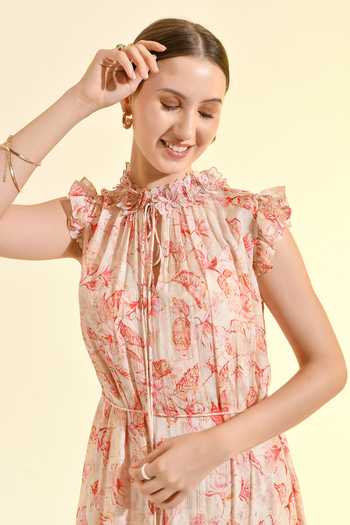 Shop_Bhanuni By Jyoti_Pink Viscose High , Keyhole Floral Print Tiered Blush Dress _Online_at_Aza_Fashions