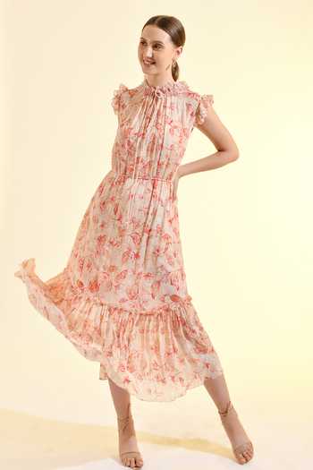 Buy_Bhanuni By Jyoti_Pink Viscose High , Keyhole Floral Print Tiered Blush Dress 