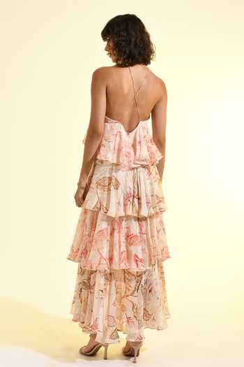 Shop_Bhanuni By Jyoti_Pink Viscose Halter Neck Floral Print Blush Maxi Dress _at_Aza_Fashions