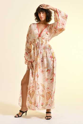 Buy_Bhanuni By Jyoti_Pink Viscose V-neck Floral Blush Print Kaftan _Online_at_Aza_Fashions